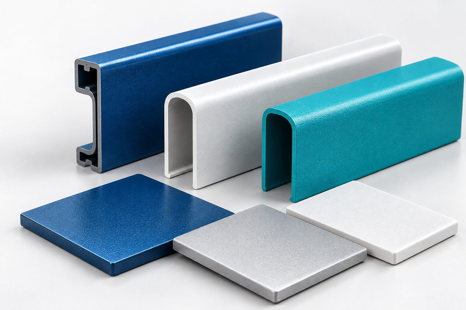 Illustrative powder-coating sample colours and metal profiles.